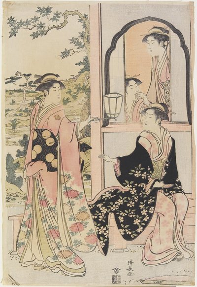 Quatre femmes en Mitate comme Ushiwaka sérénadant Jo_-ruri-hime - Torii Kiyonaga